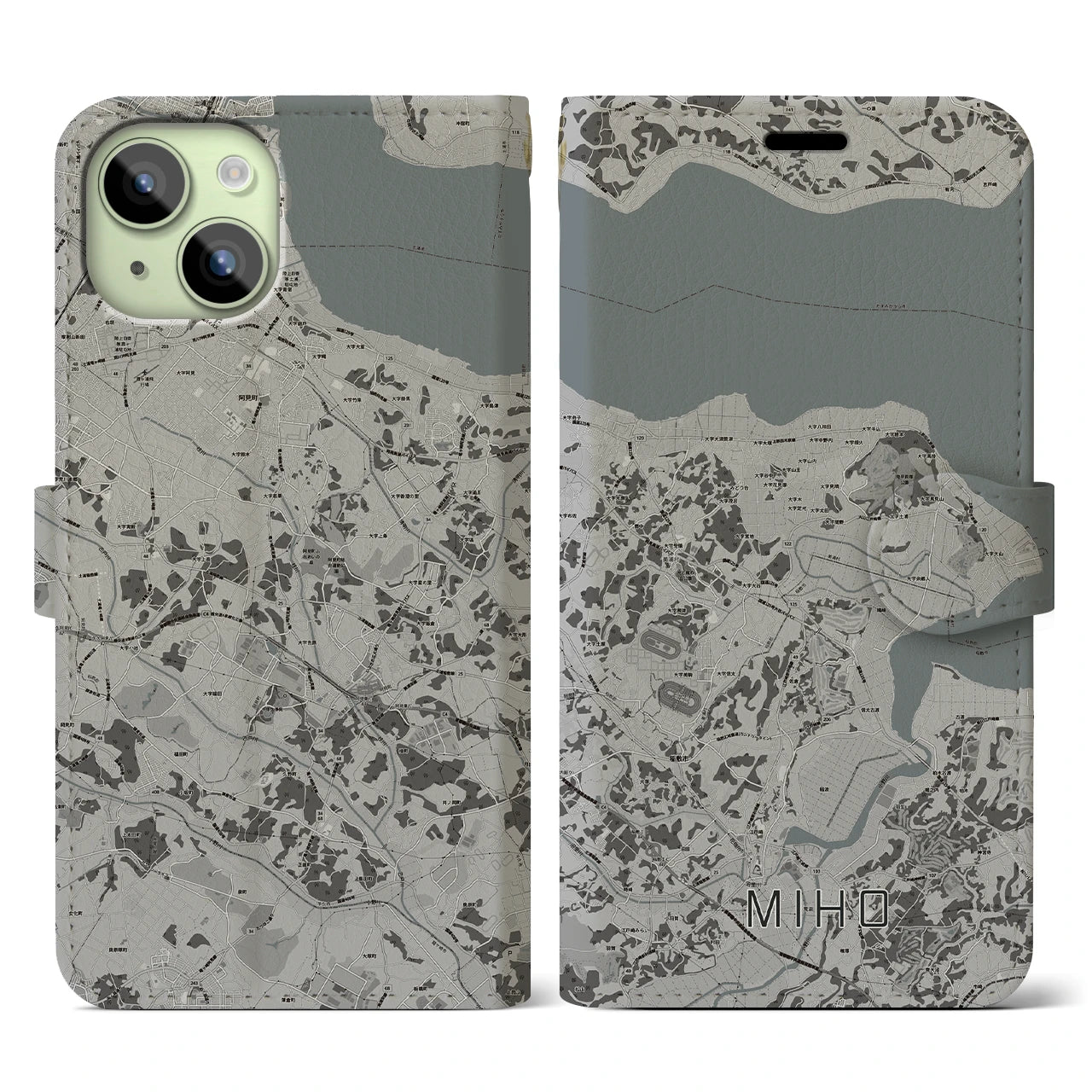 【美浦(茨城県)】地図柄iPhoneケース(手帳タイプ)モノトーン・iPhone 15 用