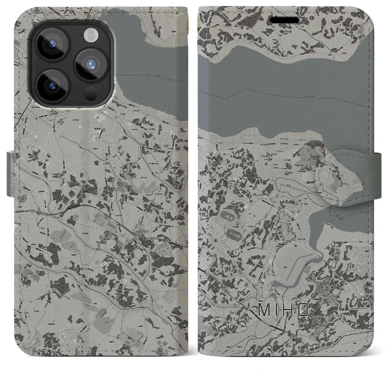 【美浦(茨城県)】地図柄iPhoneケース(手帳タイプ)モノトーン・iPhone 15 Pro Max 用