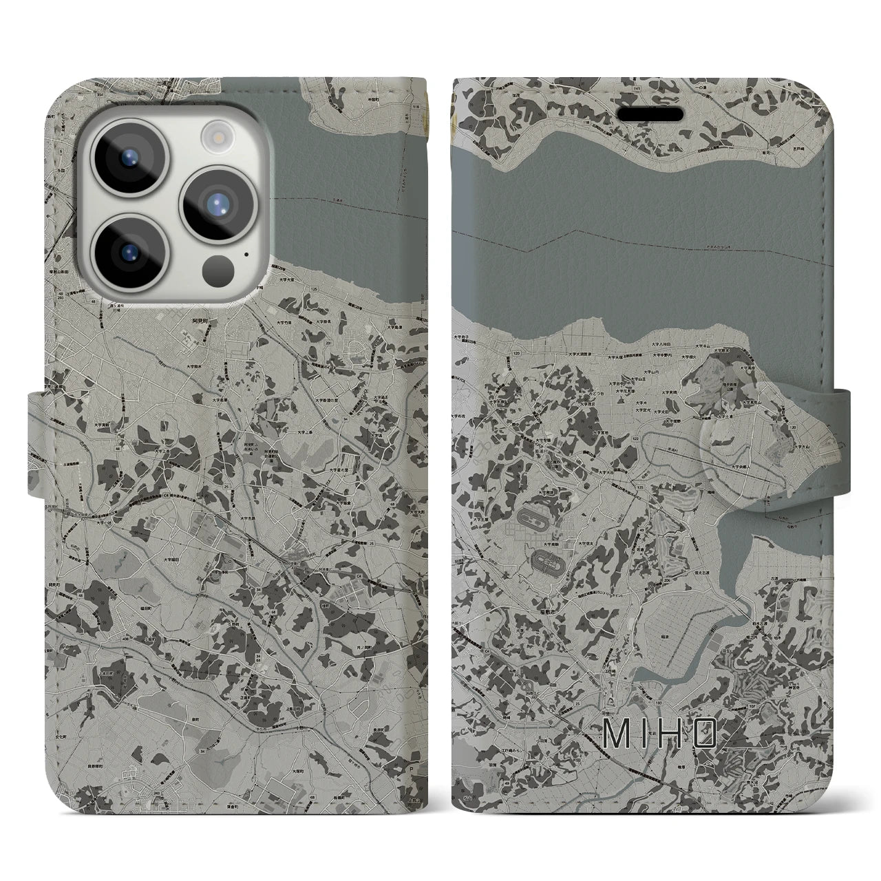 【美浦(茨城県)】地図柄iPhoneケース(手帳タイプ)モノトーン・iPhone 15 Pro 用