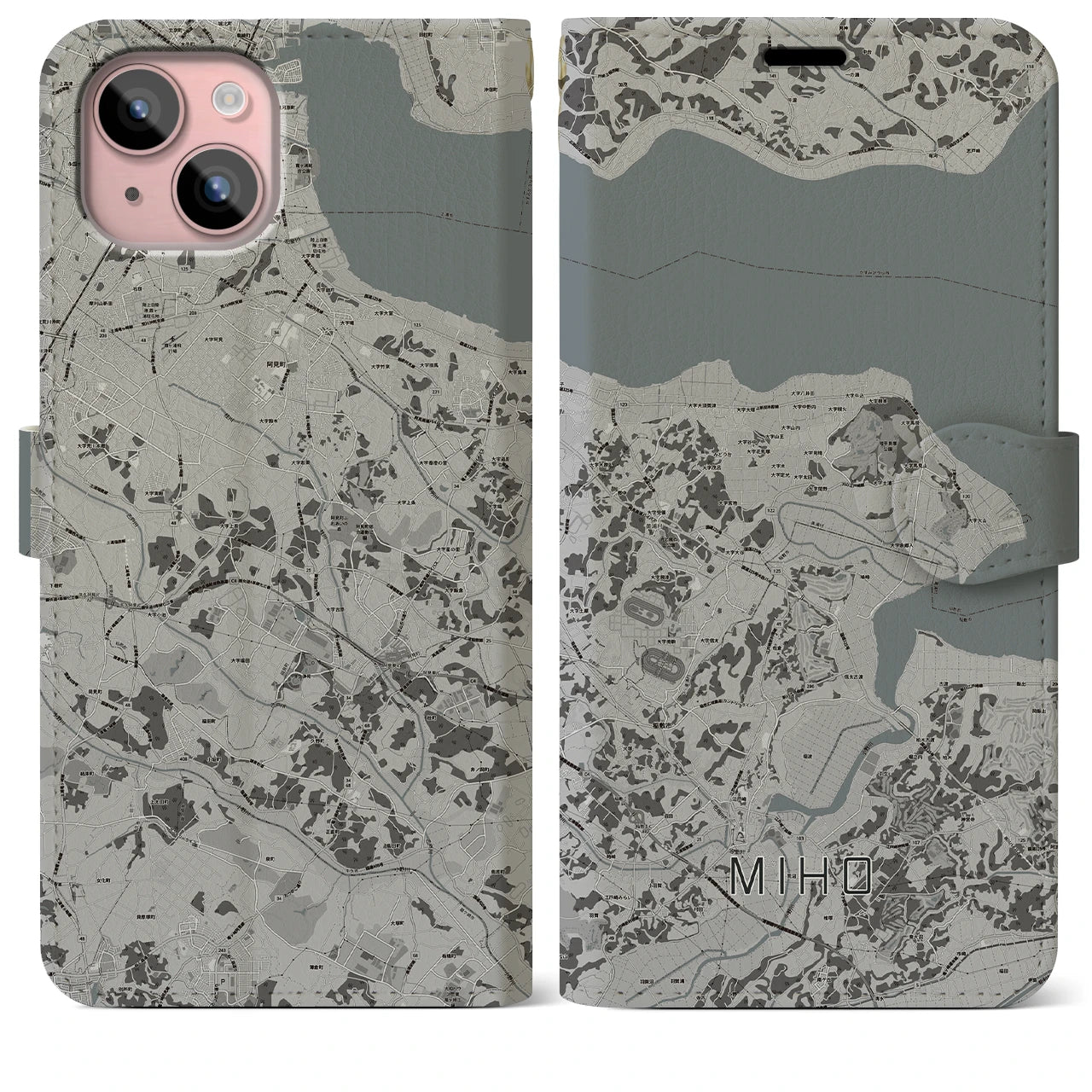【美浦(茨城県)】地図柄iPhoneケース(手帳タイプ)モノトーン・iPhone 15 Plus 用