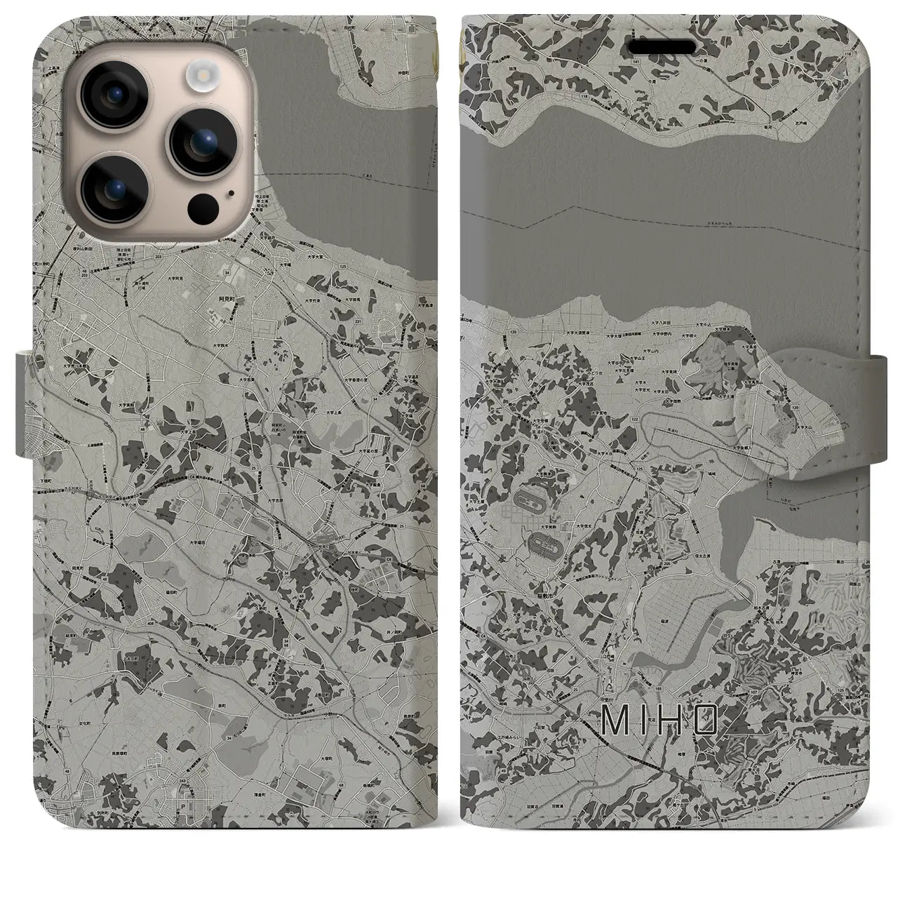 【美浦(茨城県)】地図柄iPhoneケース(手帳タイプ)モノトーン・iPhone 16 Plus 用