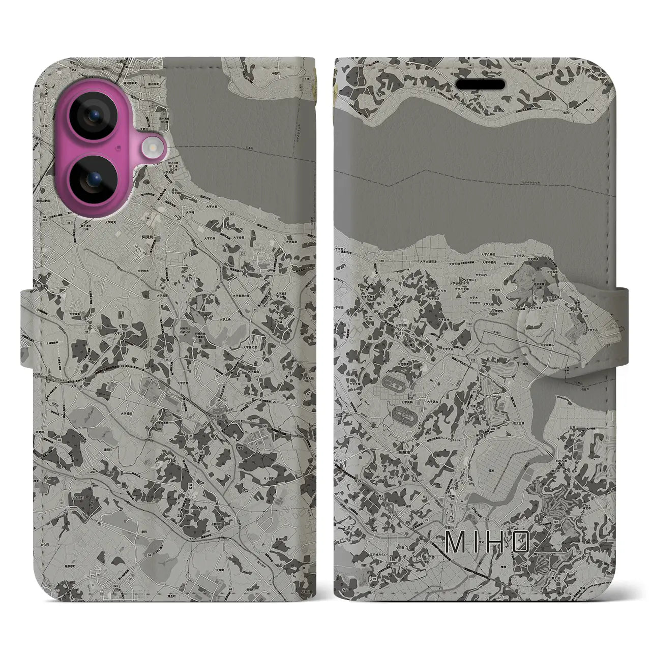 【美浦(茨城県)】地図柄iPhoneケース(手帳タイプ)モノトーン・iPhone 16 Pro 用