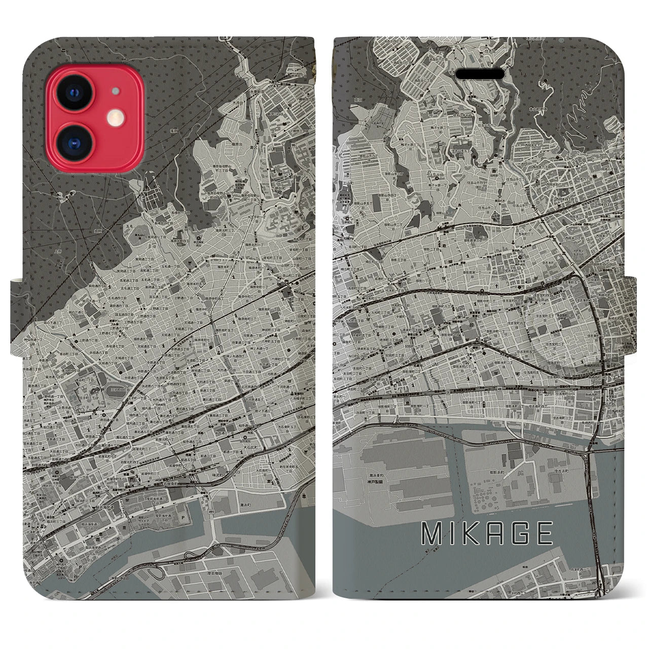 【御影(兵庫県)】地図柄iPhoneケース(手帳タイプ)モノトーン・iPhone 11 用