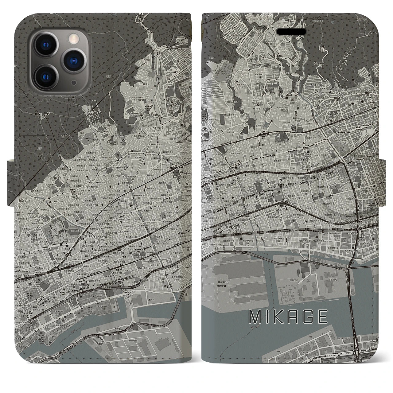 【御影(兵庫県)】地図柄iPhoneケース(手帳タイプ)モノトーン・iPhone 11 Pro Max 用