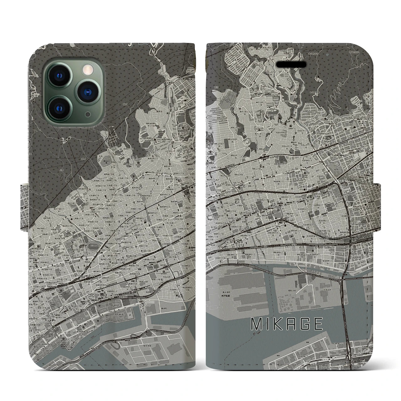 【御影(兵庫県)】地図柄iPhoneケース(手帳タイプ)モノトーン・iPhone 11 Pro 用