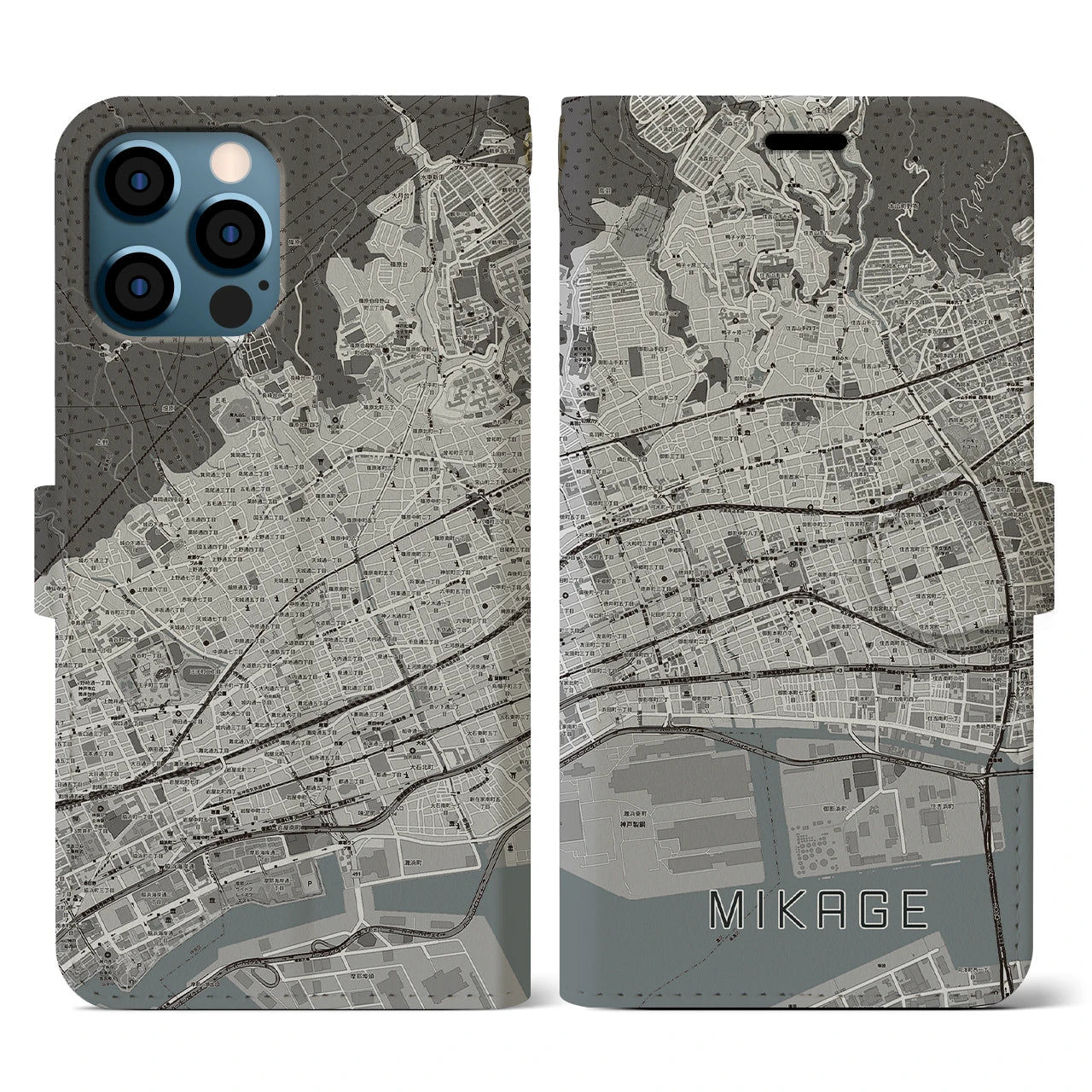 【御影(兵庫県)】地図柄iPhoneケース(手帳タイプ)モノトーン・iPhone 12 / 12 Pro 用