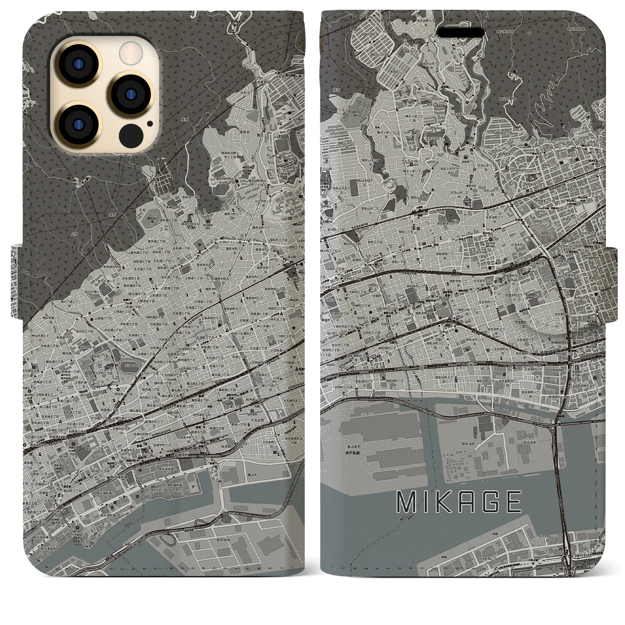 【御影(兵庫県)】地図柄iPhoneケース(手帳タイプ)モノトーン・iPhone 12 Pro Max 用