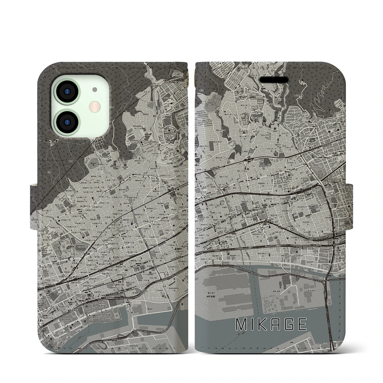 【御影(兵庫県)】地図柄iPhoneケース(手帳タイプ)モノトーン・iPhone 12 mini 用