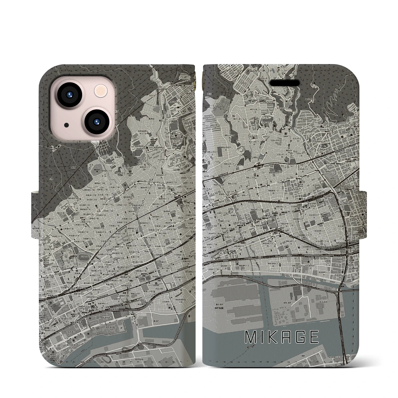 【御影(兵庫県)】地図柄iPhoneケース(手帳タイプ)モノトーン・iPhone 13 mini 用