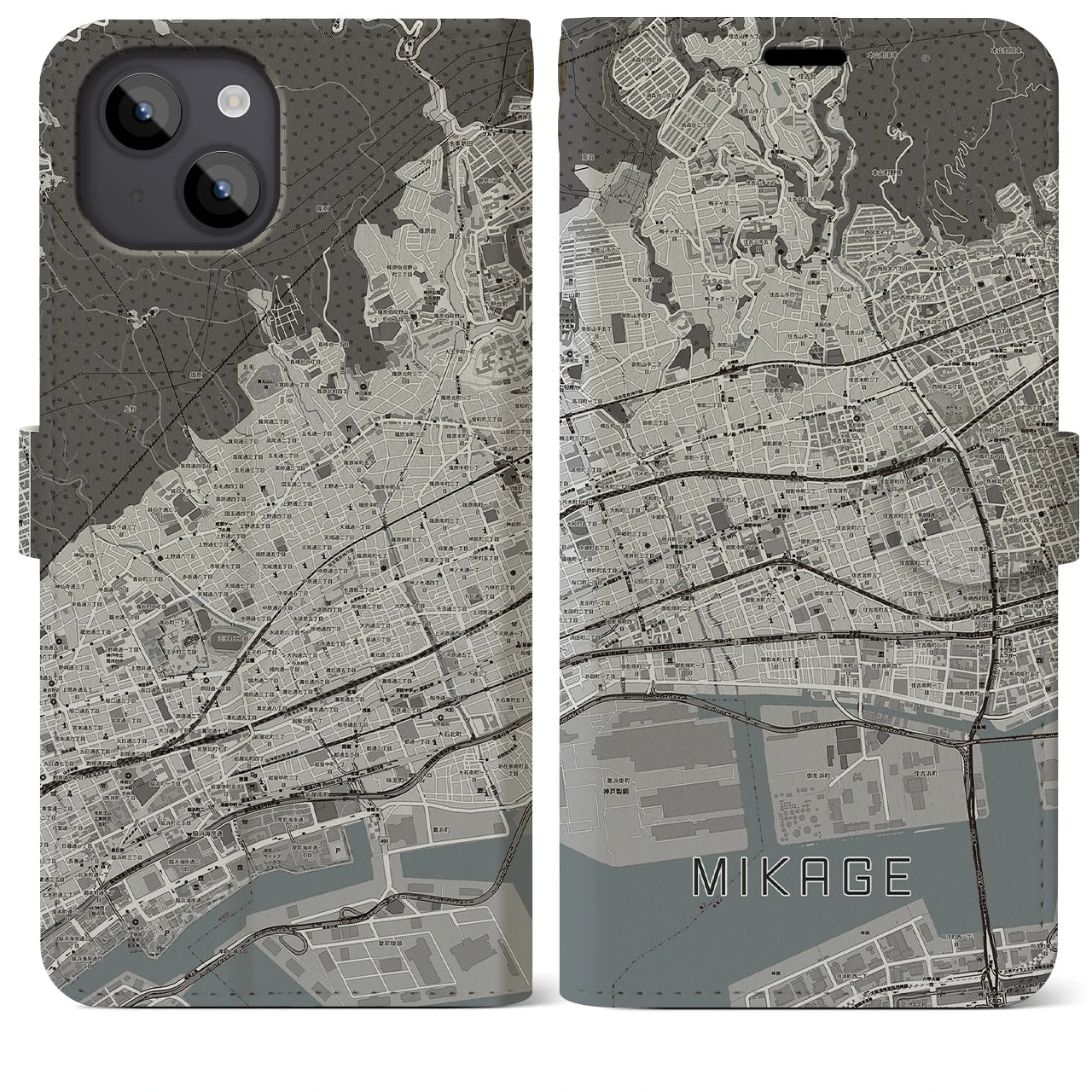 【御影(兵庫県)】地図柄iPhoneケース(手帳タイプ)モノトーン・iPhone 14 Plus 用