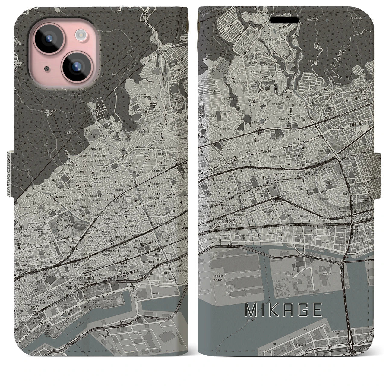 【御影(兵庫県)】地図柄iPhoneケース(手帳タイプ)モノトーン・iPhone 15 Plus 用