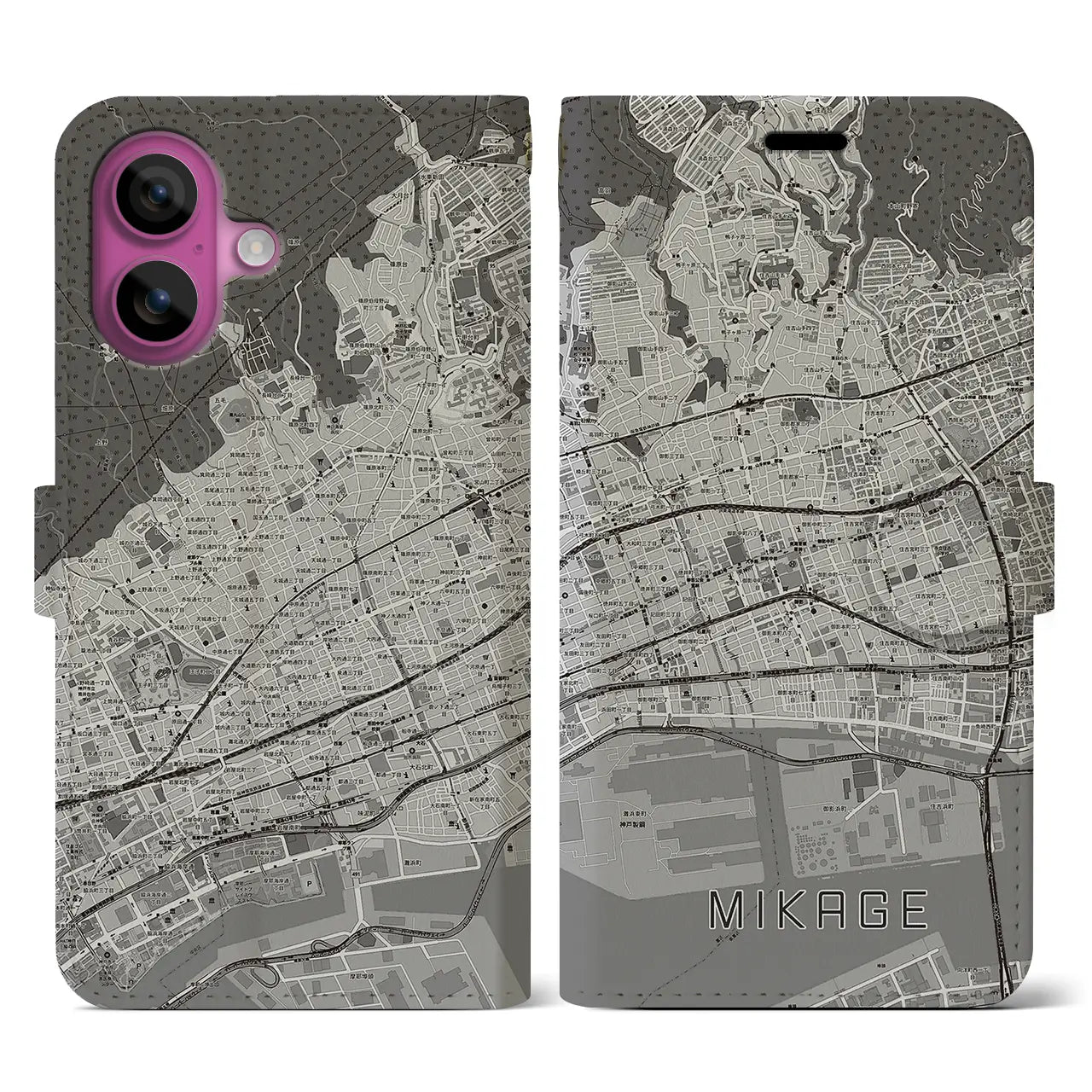 【御影(兵庫県)】地図柄iPhoneケース(手帳タイプ)モノトーン・iPhone 16 Pro 用