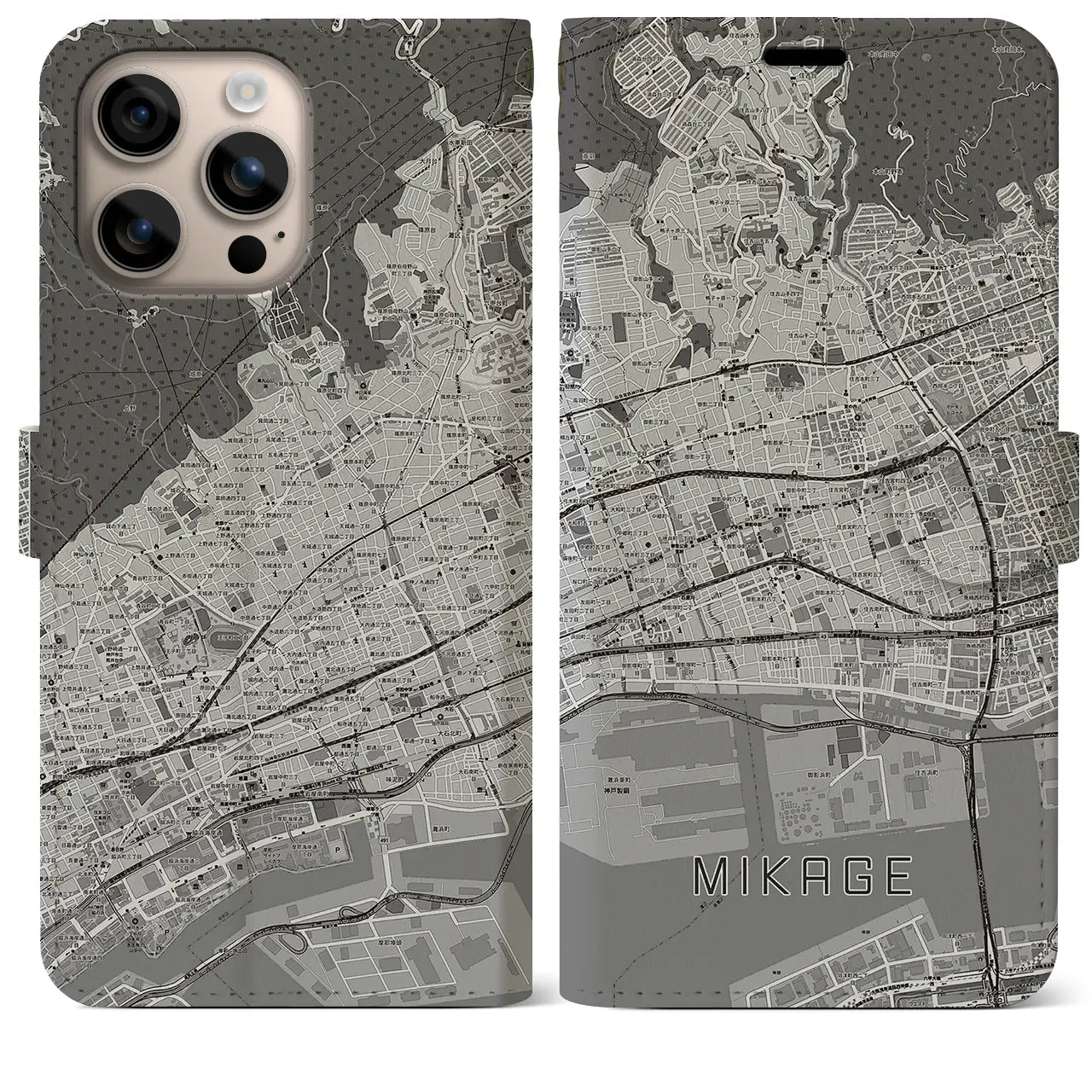 【御影(兵庫県)】地図柄iPhoneケース(手帳タイプ)モノトーン・iPhone 16 Plus 用
