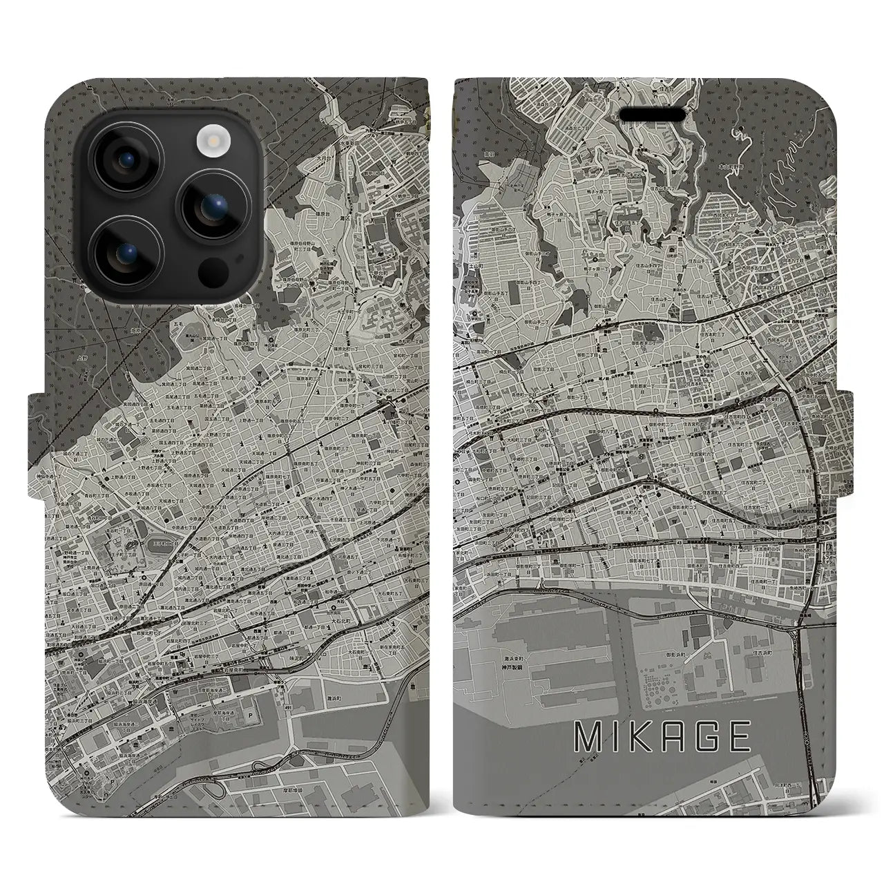 【御影(兵庫県)】地図柄iPhoneケース(手帳タイプ)モノトーン・iPhone 16 用