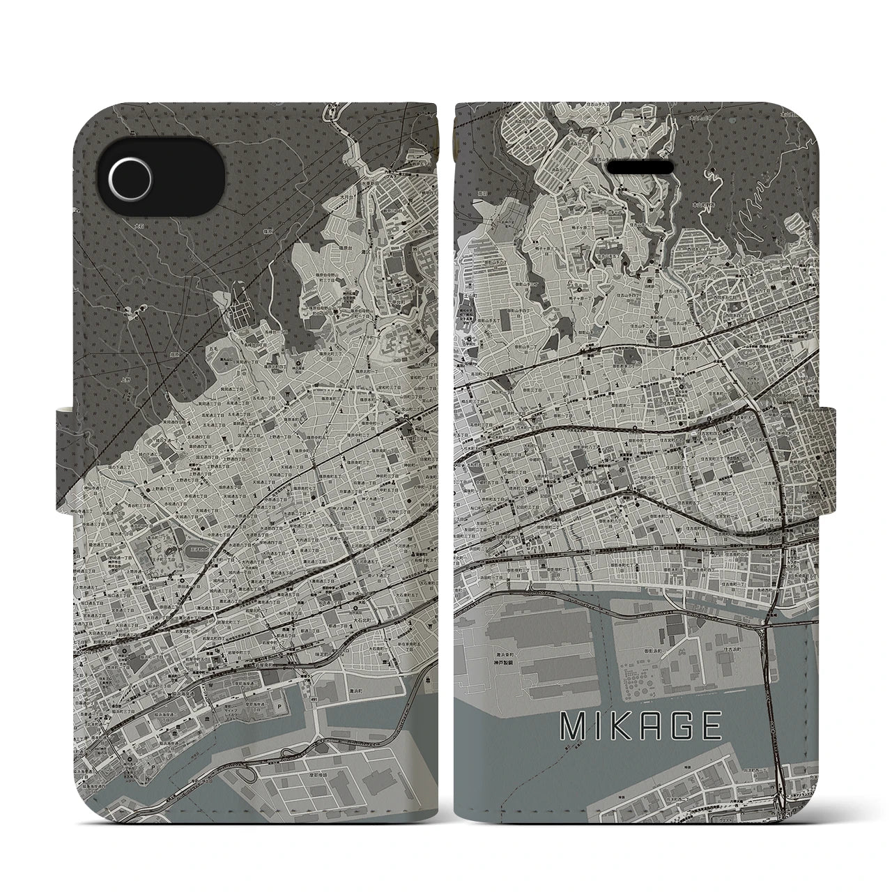 【御影(兵庫県)】地図柄iPhoneケース(手帳タイプ)モノトーン・iPhone SE(第3 / 第2世代) / 8 / 7 / 6s / 6 用