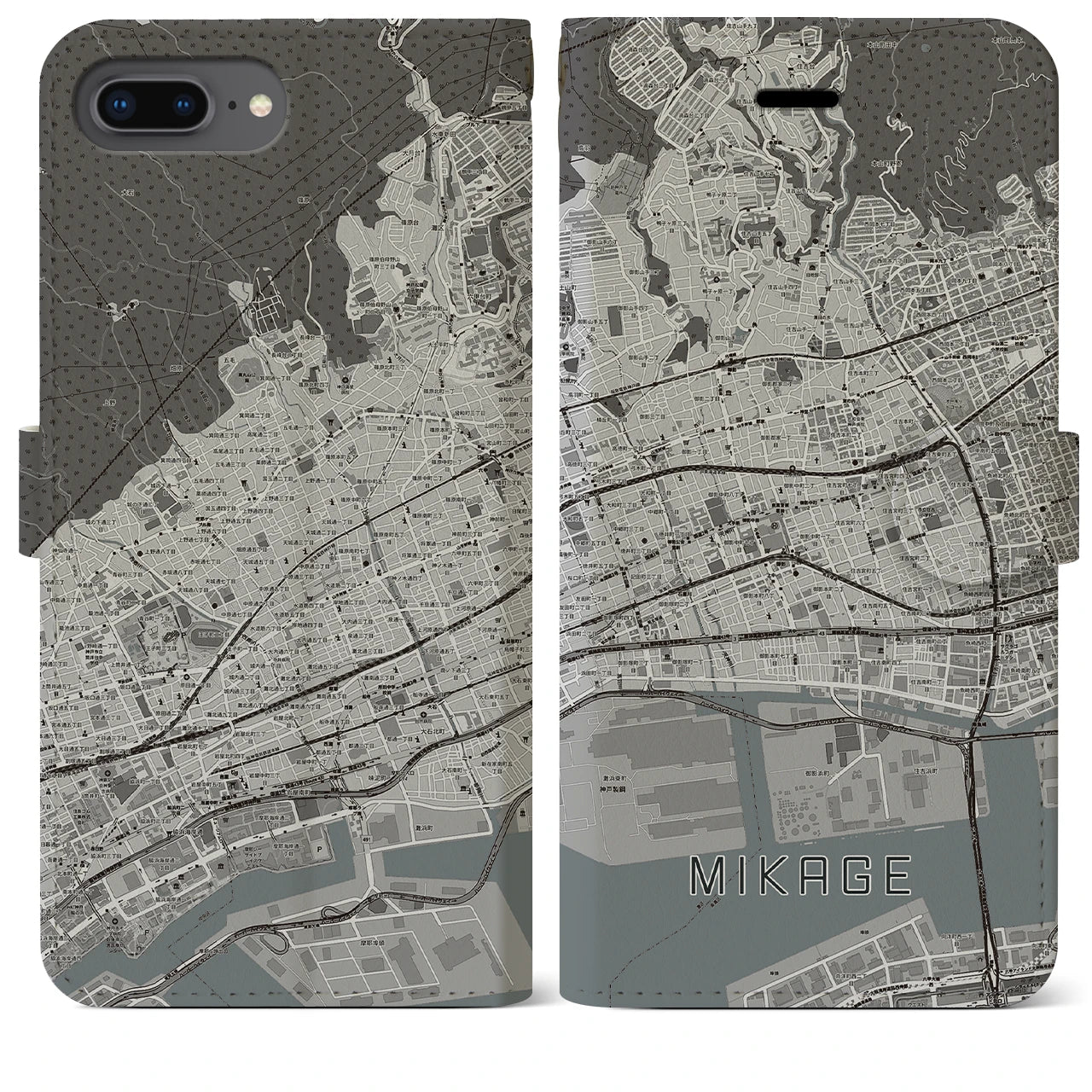 【御影(兵庫県)】地図柄iPhoneケース(手帳タイプ)モノトーン・iPhone 8Plus /7Plus / 6sPlus / 6Plus 用