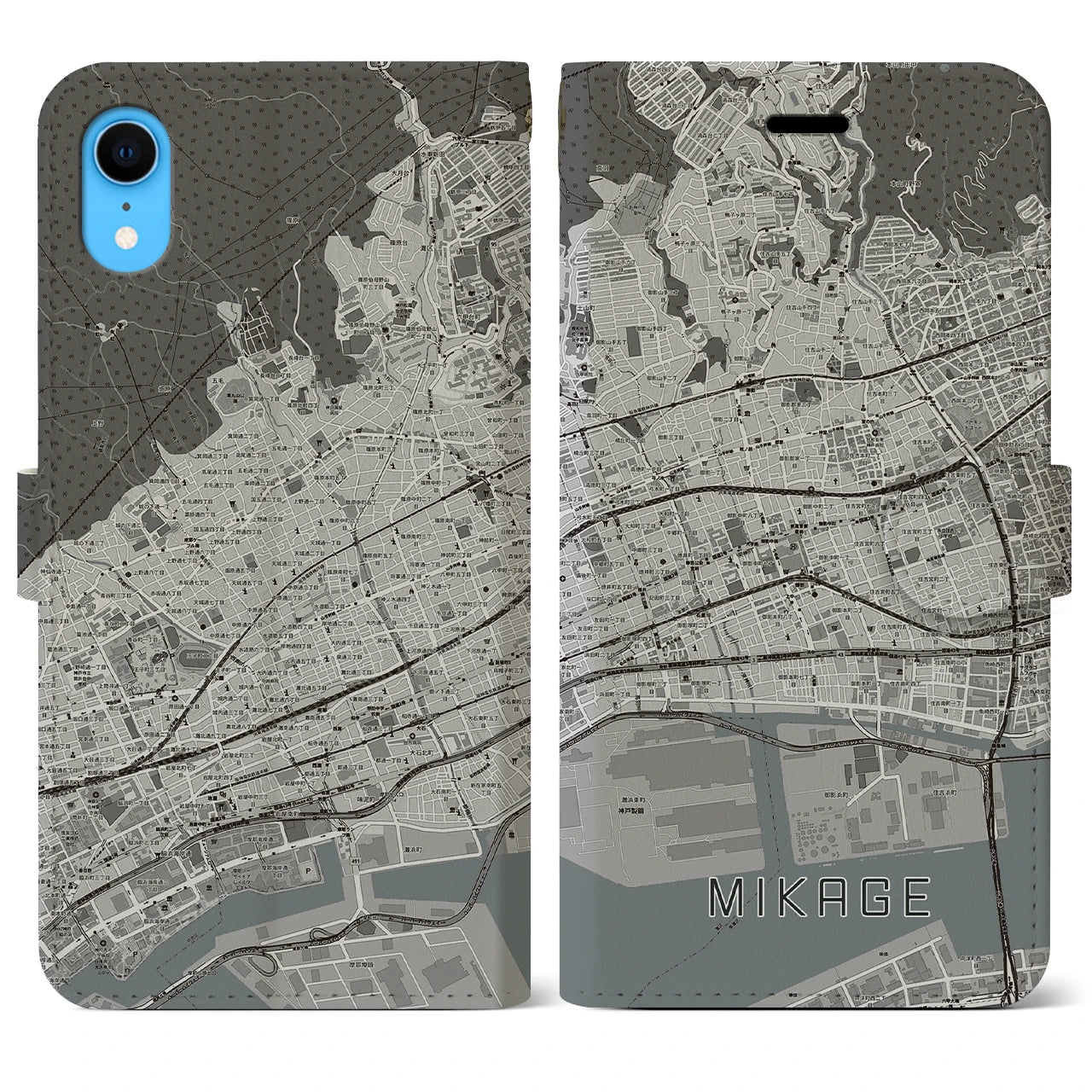 【御影(兵庫県)】地図柄iPhoneケース(手帳タイプ)モノトーン・iPhone XR 用