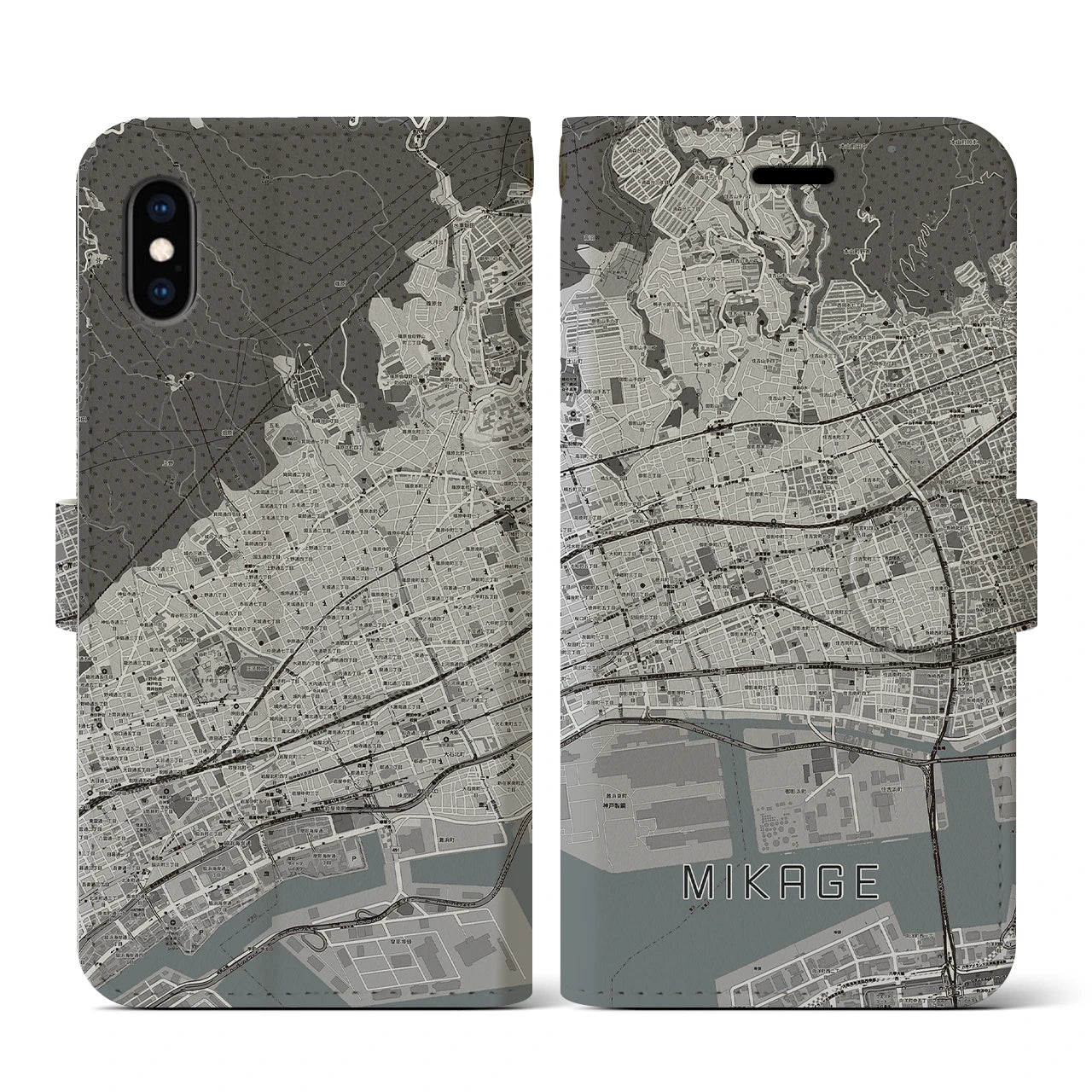 【御影(兵庫県)】地図柄iPhoneケース(手帳タイプ)モノトーン・iPhone XS / X 用