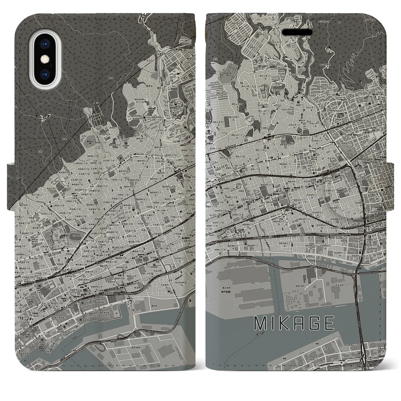 【御影(兵庫県)】地図柄iPhoneケース(手帳タイプ)モノトーン・iPhone XS Max 用