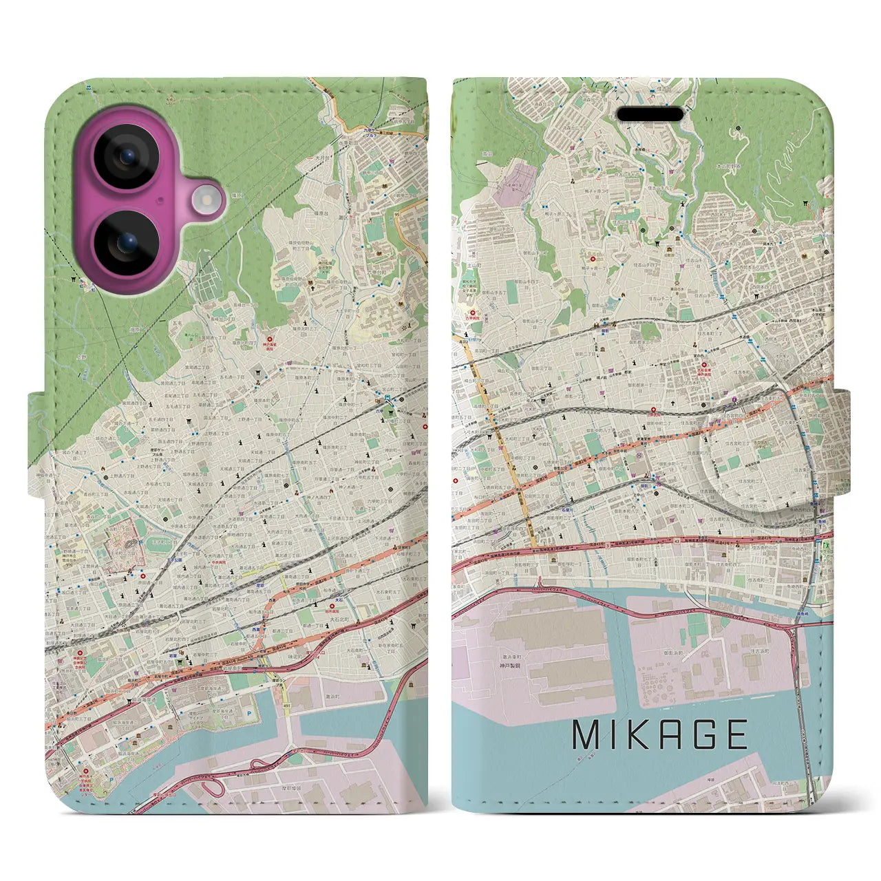 【御影(兵庫県)】地図柄iPhoneケース(手帳タイプ)ナチュラル・iPhone 16 Pro 用