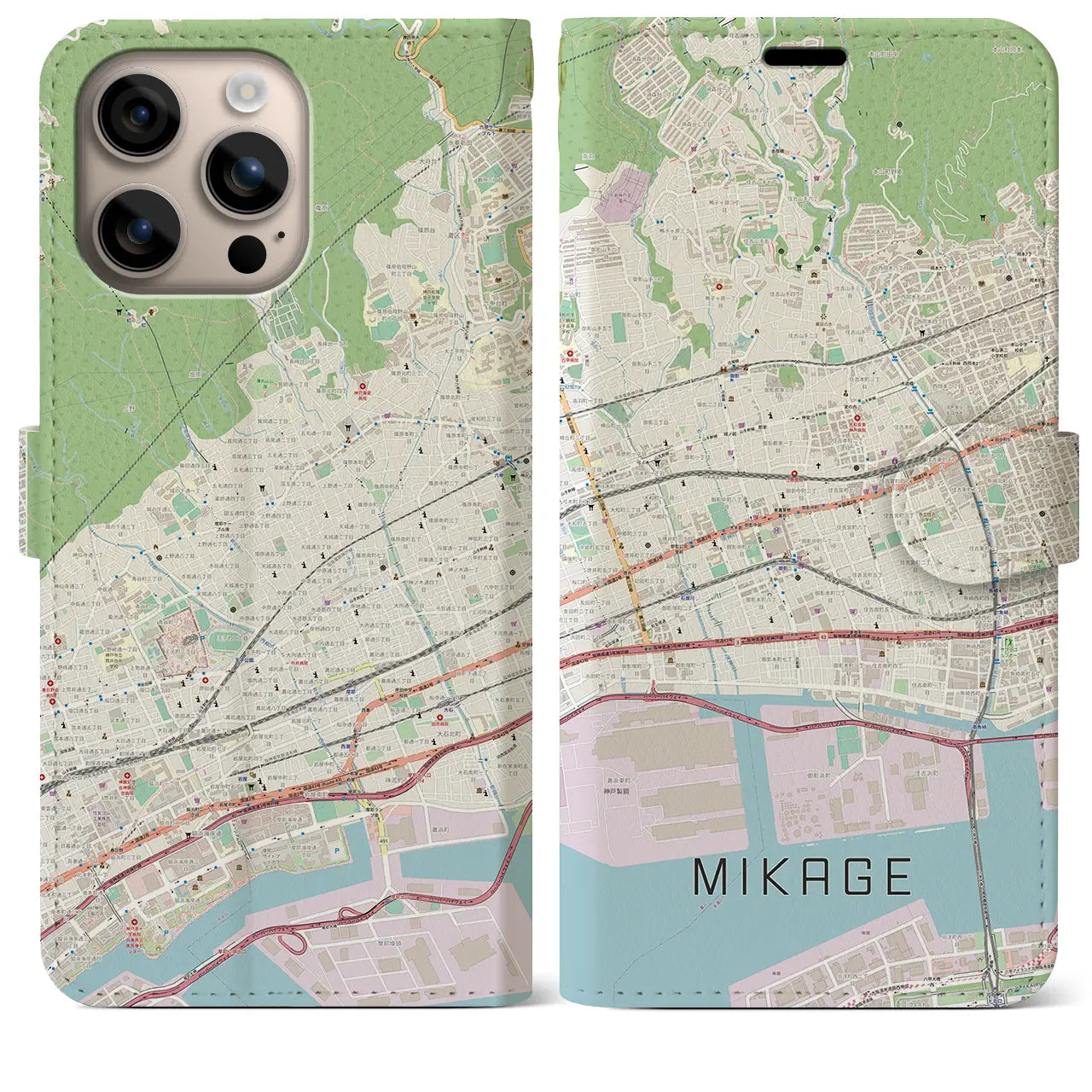 【御影(兵庫県)】地図柄iPhoneケース(手帳タイプ)ナチュラル・iPhone 16 Plus 用