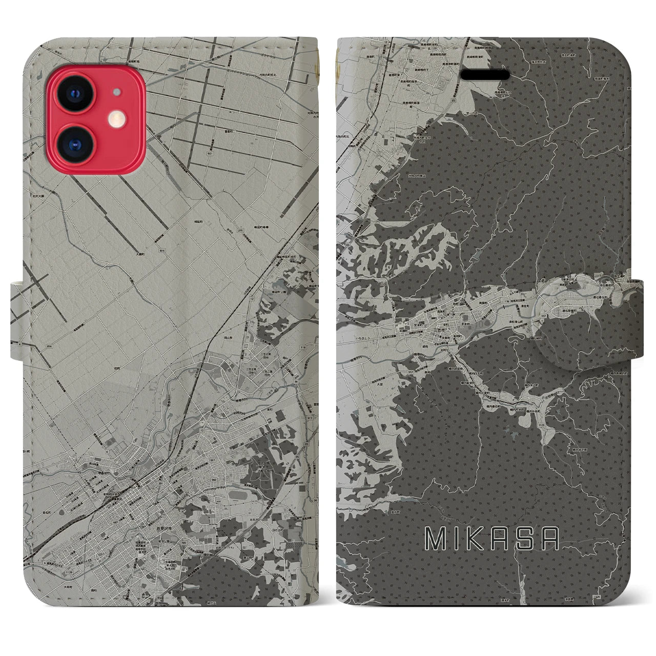 【三笠(北海道)】地図柄iPhoneケース(手帳タイプ)モノトーン・iPhone 11 用