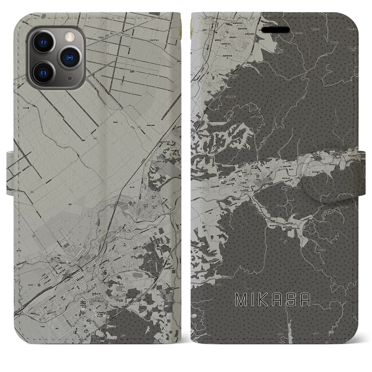 【三笠(北海道)】地図柄iPhoneケース(手帳タイプ)モノトーン・iPhone 11 Pro Max 用