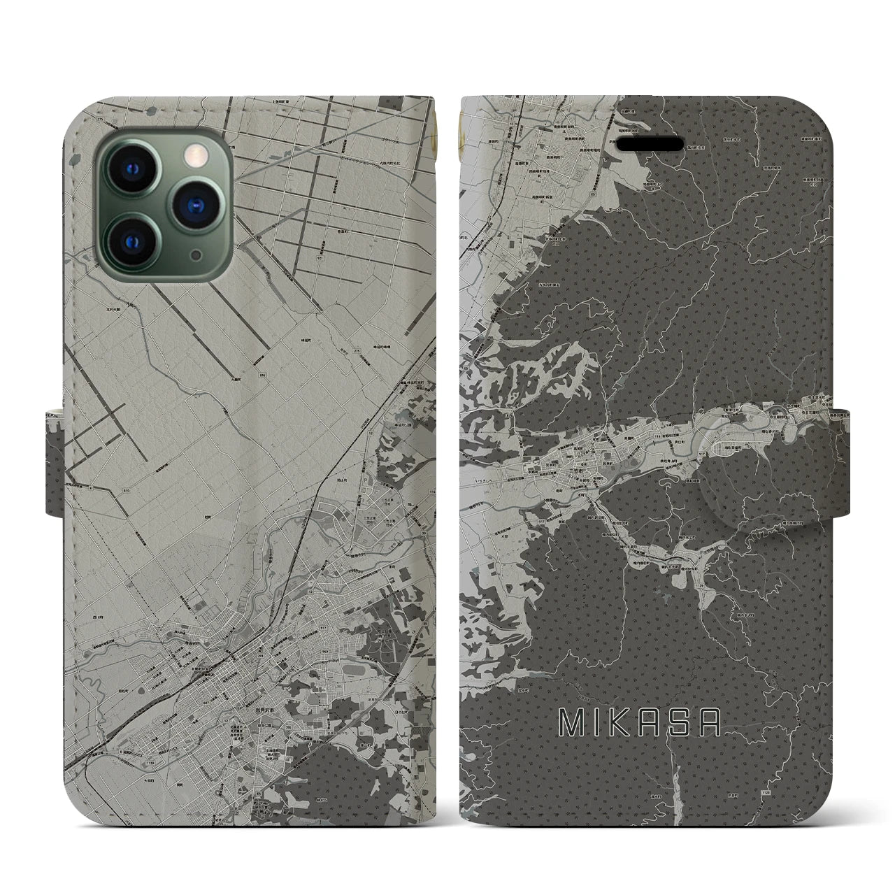 【三笠(北海道)】地図柄iPhoneケース(手帳タイプ)モノトーン・iPhone 11 Pro 用