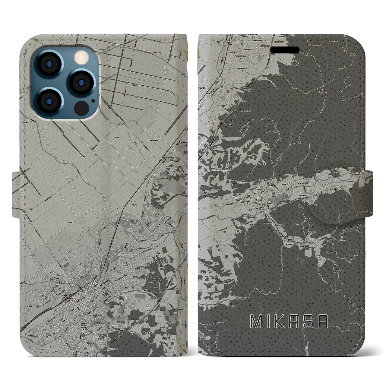 【三笠(北海道)】地図柄iPhoneケース(手帳タイプ)モノトーン・iPhone 12 / 12 Pro 用