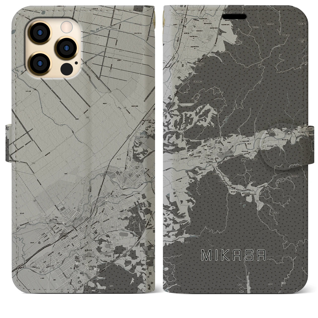 【三笠(北海道)】地図柄iPhoneケース(手帳タイプ)モノトーン・iPhone 12 Pro Max 用