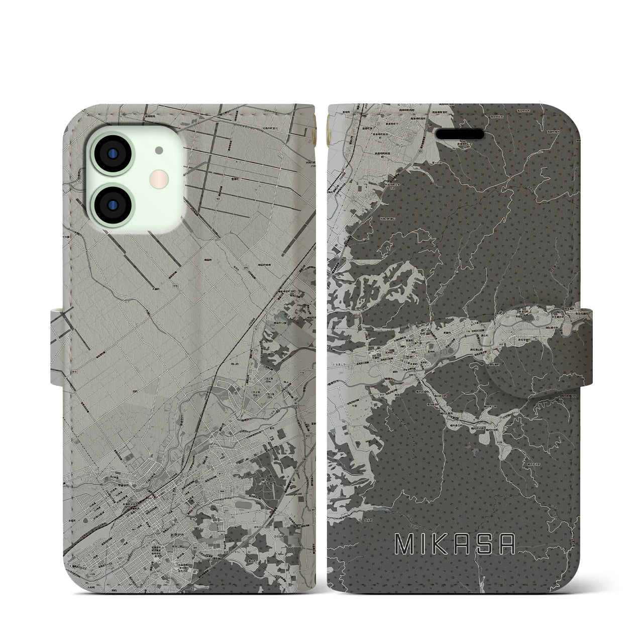 【三笠(北海道)】地図柄iPhoneケース(手帳タイプ)モノトーン・iPhone 12 mini 用