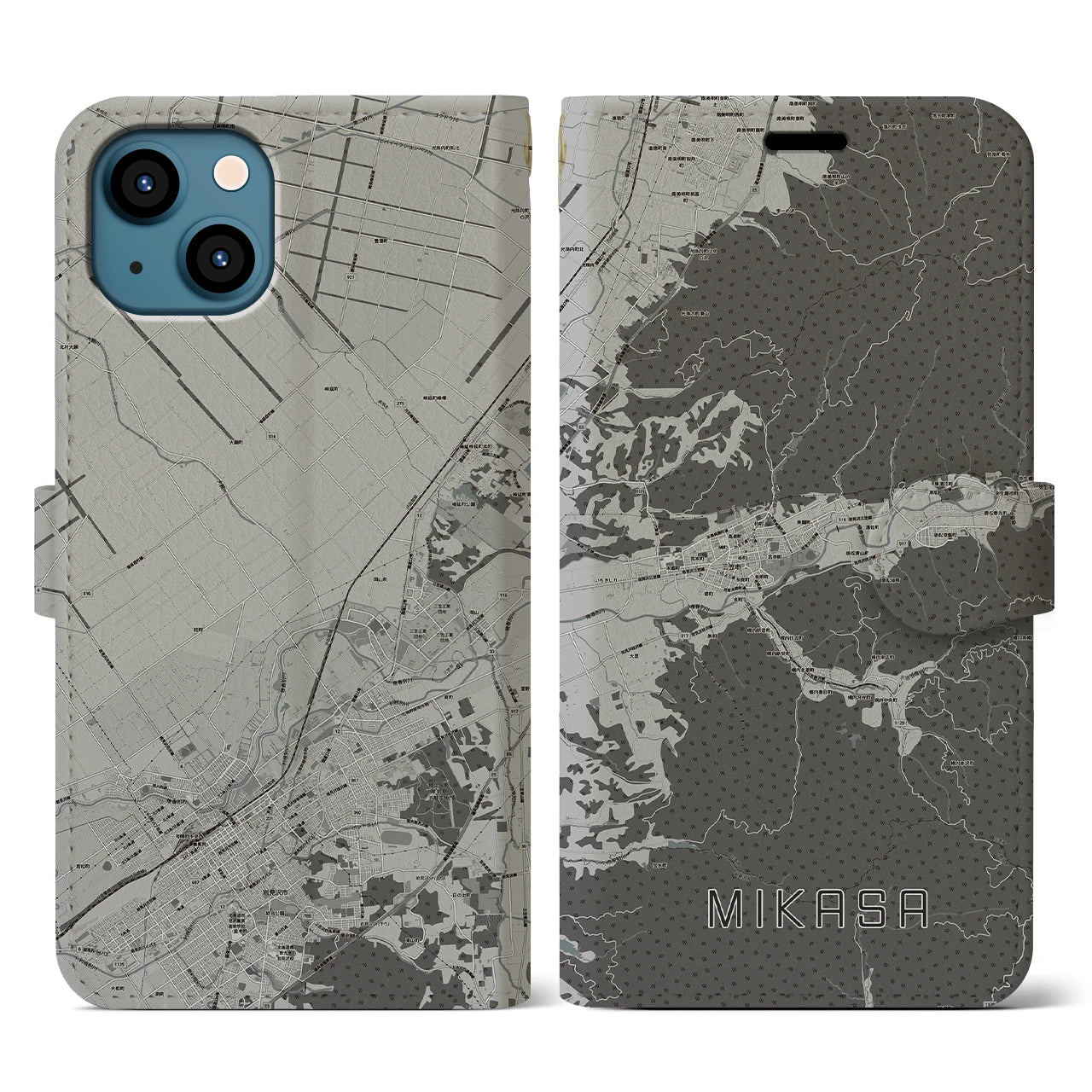 【三笠(北海道)】地図柄iPhoneケース(手帳タイプ)モノトーン・iPhone 13 用