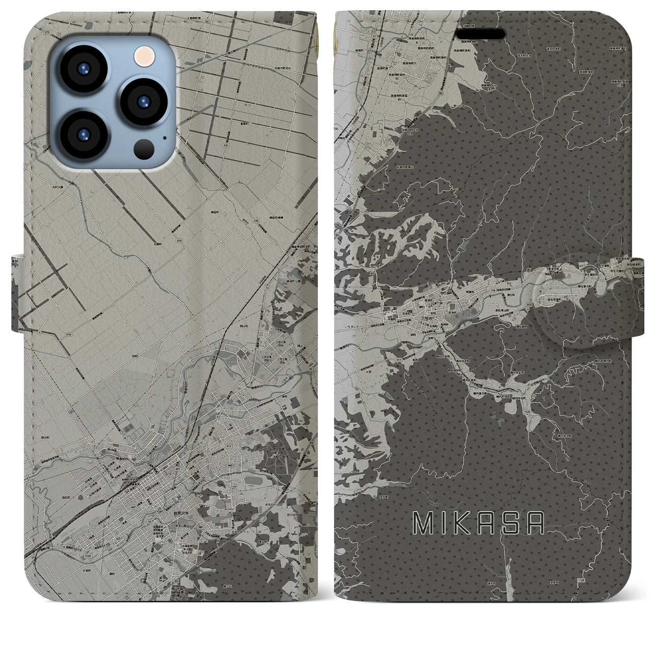 【三笠(北海道)】地図柄iPhoneケース(手帳タイプ)モノトーン・iPhone 13 Pro Max 用