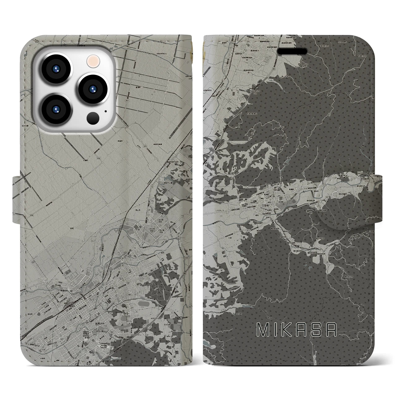 【三笠(北海道)】地図柄iPhoneケース(手帳タイプ)モノトーン・iPhone 13 Pro 用