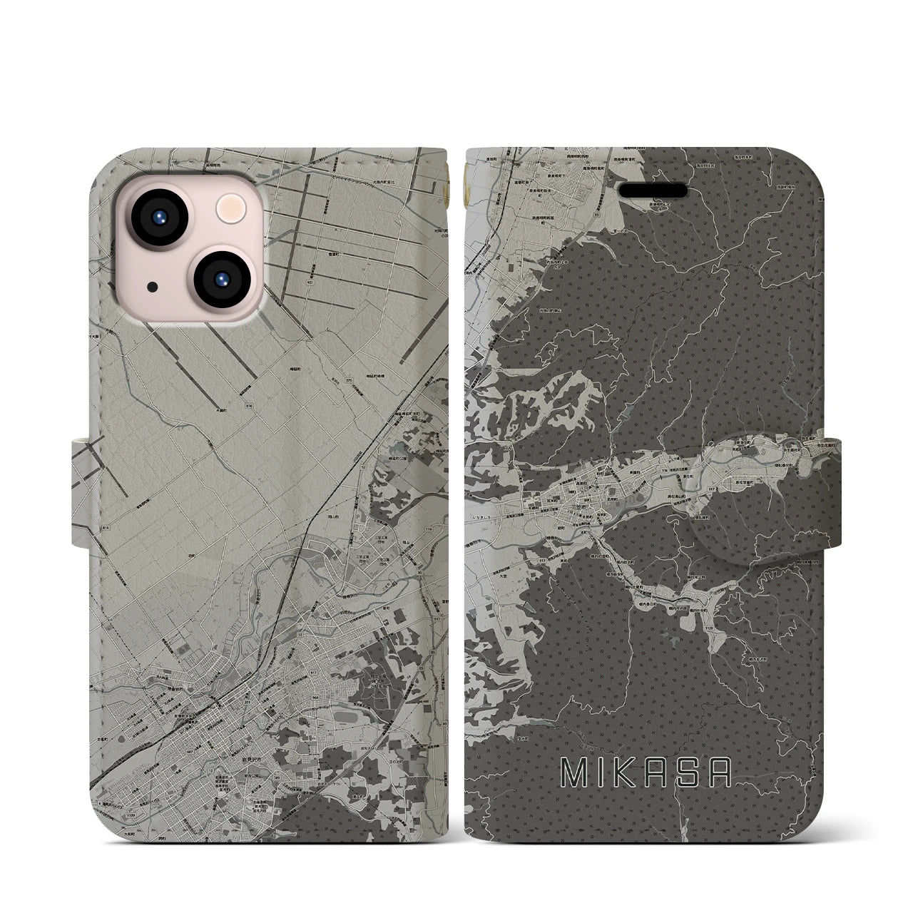 【三笠(北海道)】地図柄iPhoneケース(手帳タイプ)モノトーン・iPhone 13 mini 用