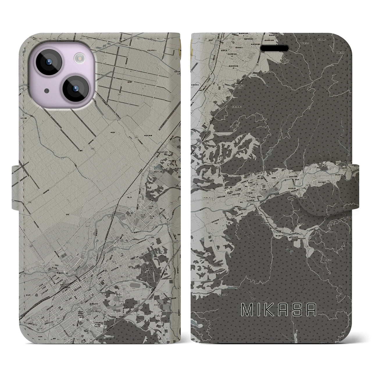 【三笠(北海道)】地図柄iPhoneケース(手帳タイプ)モノトーン・iPhone 14 用