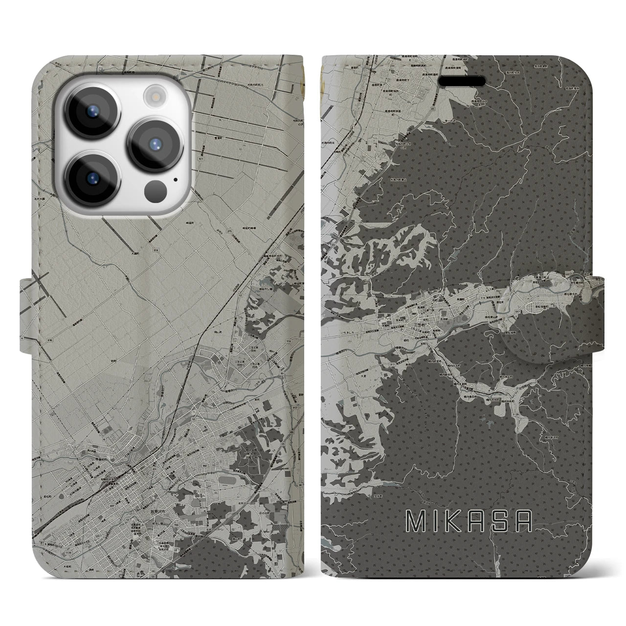 【三笠(北海道)】地図柄iPhoneケース(手帳タイプ)モノトーン・iPhone 14 Pro 用