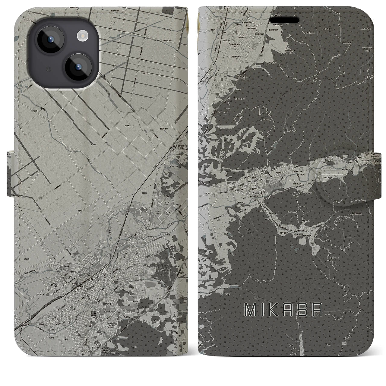 【三笠(北海道)】地図柄iPhoneケース(手帳タイプ)モノトーン・iPhone 14 Plus 用