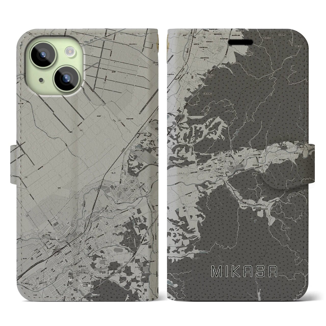 【三笠(北海道)】地図柄iPhoneケース(手帳タイプ)モノトーン・iPhone 15 用