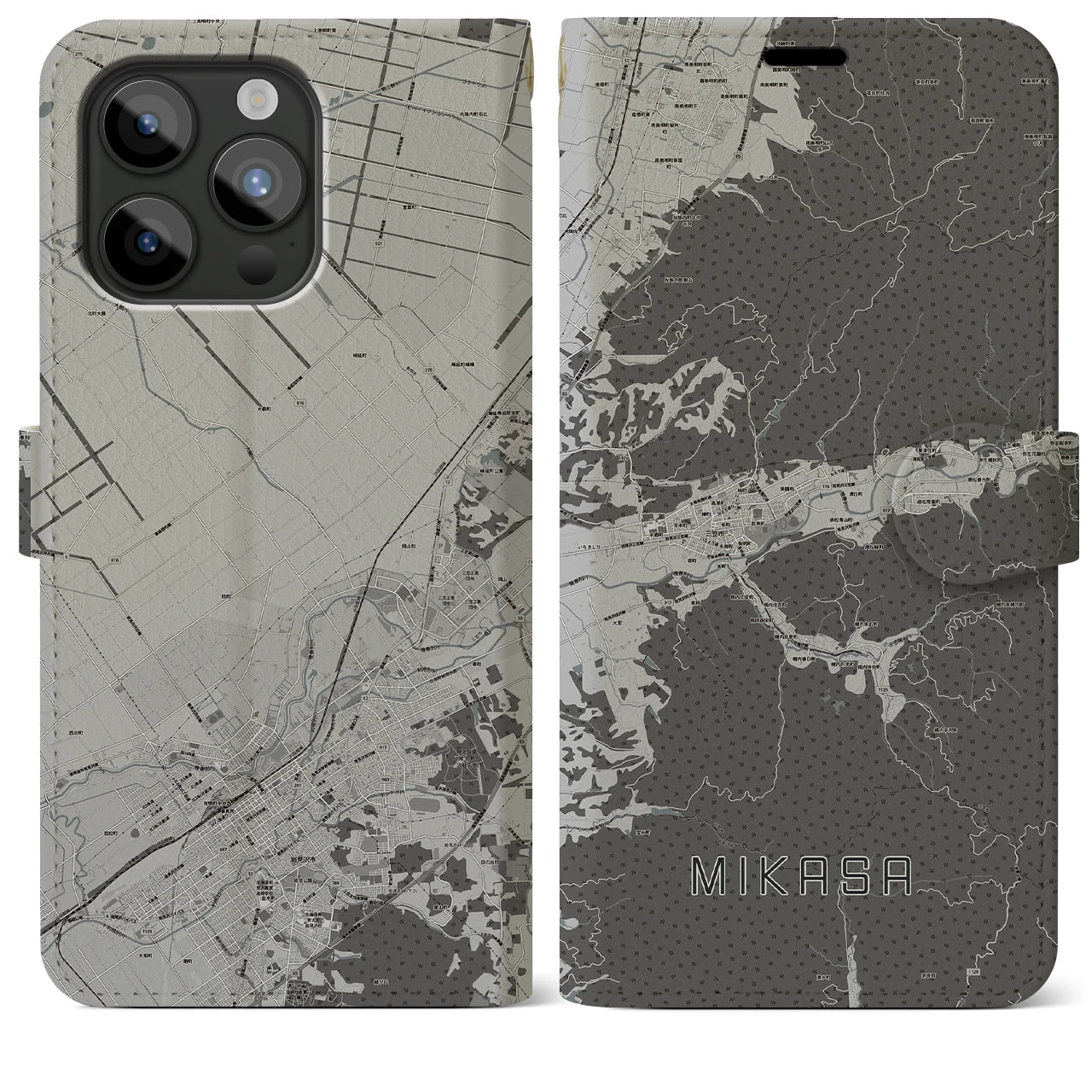 【三笠(北海道)】地図柄iPhoneケース(手帳タイプ)モノトーン・iPhone 15 Pro Max 用