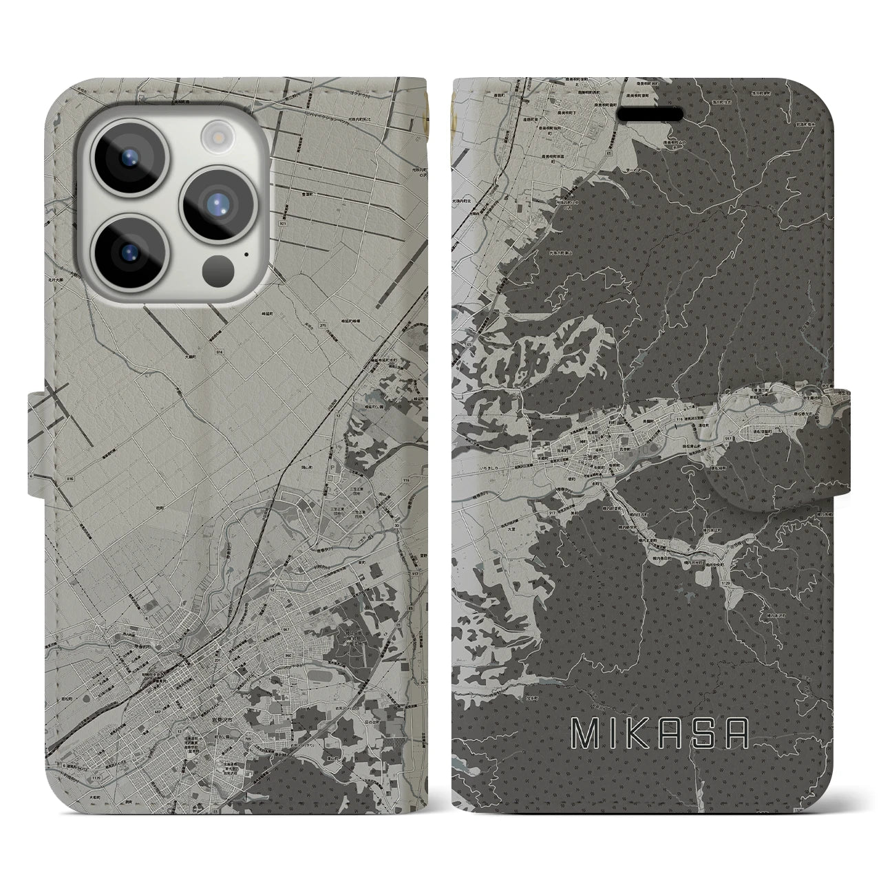 【三笠(北海道)】地図柄iPhoneケース(手帳タイプ)モノトーン・iPhone 15 Pro 用