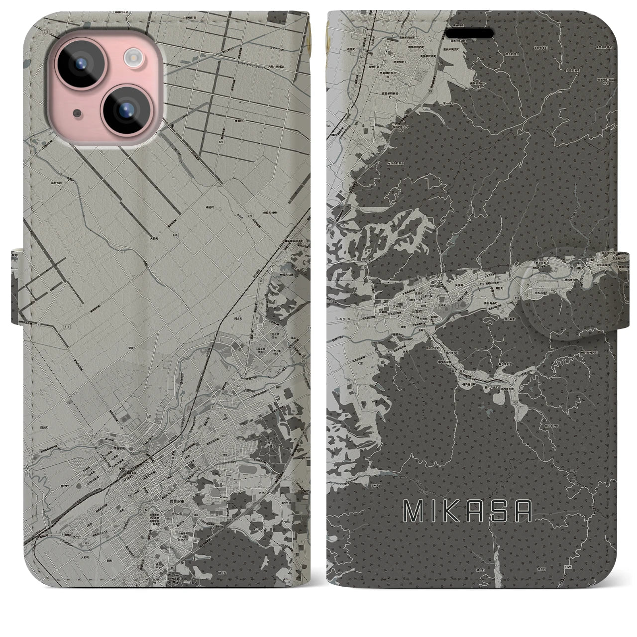 【三笠(北海道)】地図柄iPhoneケース(手帳タイプ)モノトーン・iPhone 15 Plus 用