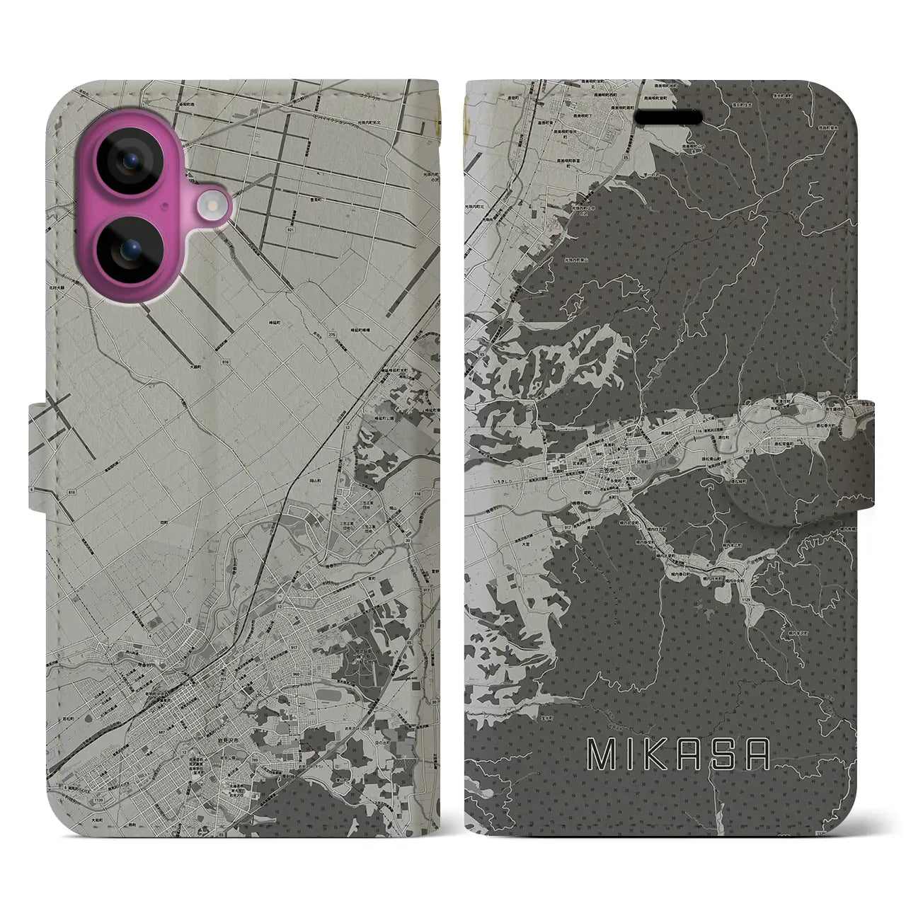 【三笠(北海道)】地図柄iPhoneケース(手帳タイプ)モノトーン・iPhone 16 Pro 用