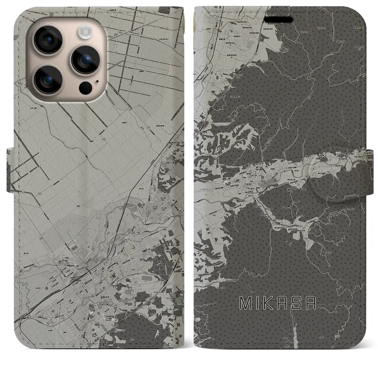 【三笠(北海道)】地図柄iPhoneケース(手帳タイプ)モノトーン・iPhone 16 Plus 用