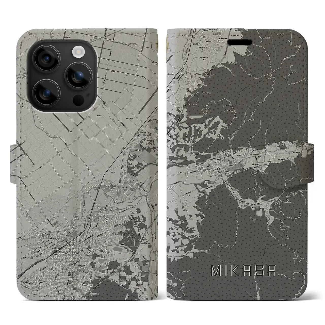 【三笠(北海道)】地図柄iPhoneケース(手帳タイプ)モノトーン・iPhone 16 用