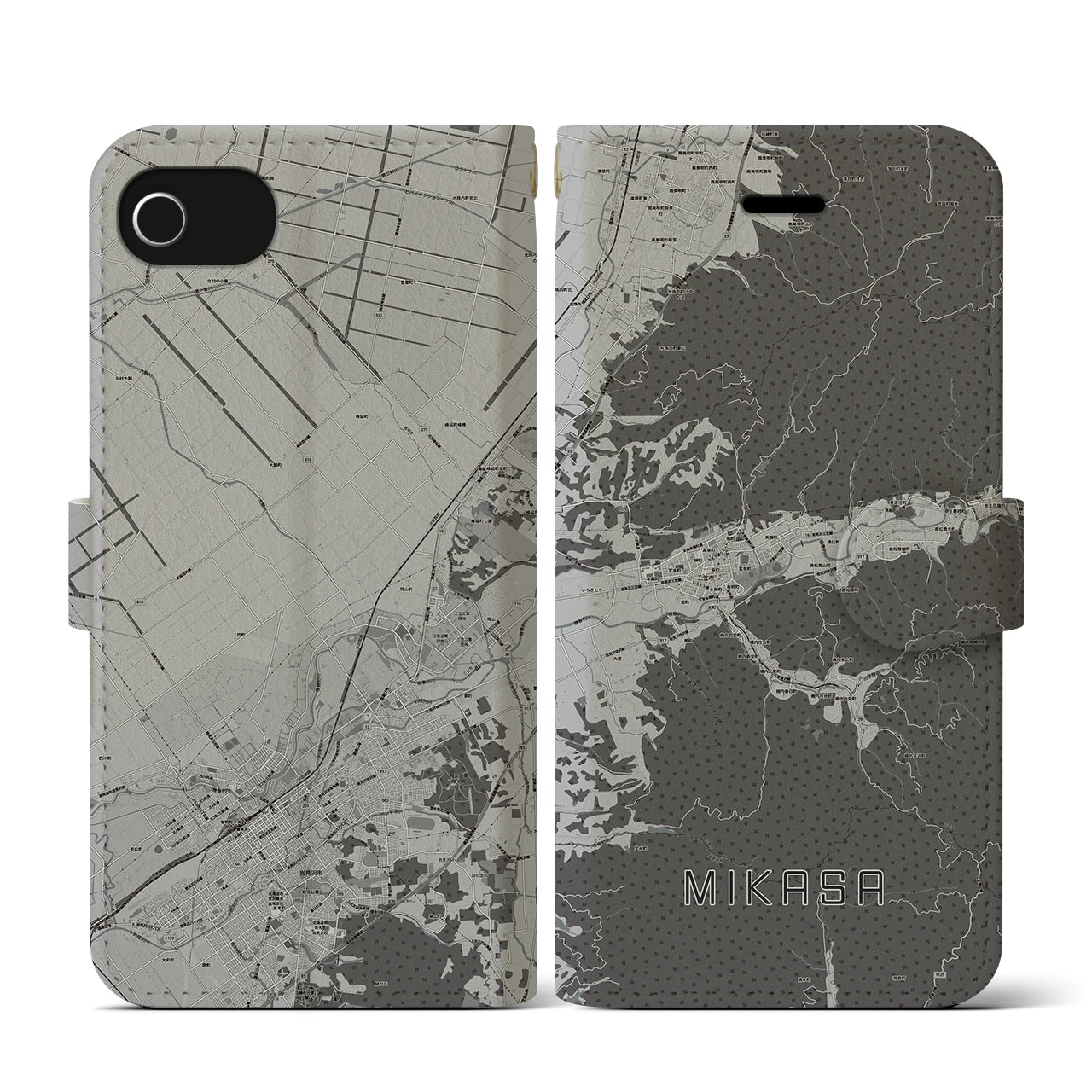 【三笠(北海道)】地図柄iPhoneケース(手帳タイプ)モノトーン・iPhone SE(第3 / 第2世代) / 8 / 7 / 6s / 6 用