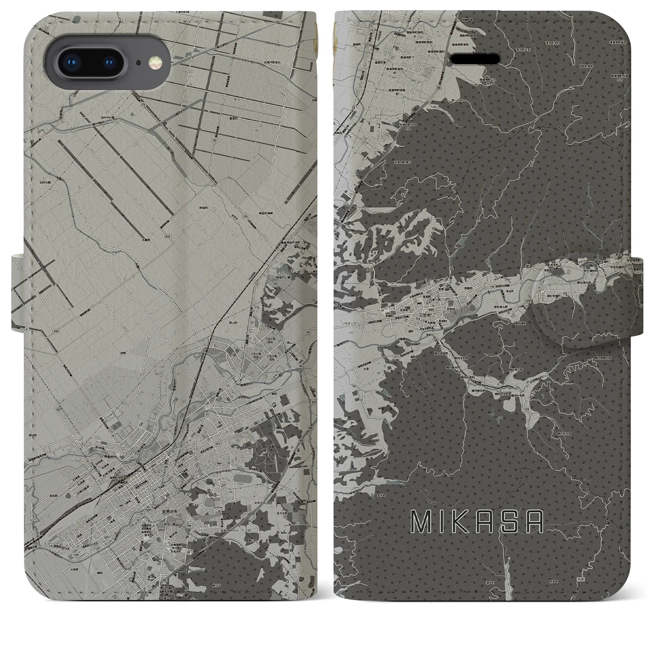 【三笠(北海道)】地図柄iPhoneケース(手帳タイプ)モノトーン・iPhone 8Plus /7Plus / 6sPlus / 6Plus 用
