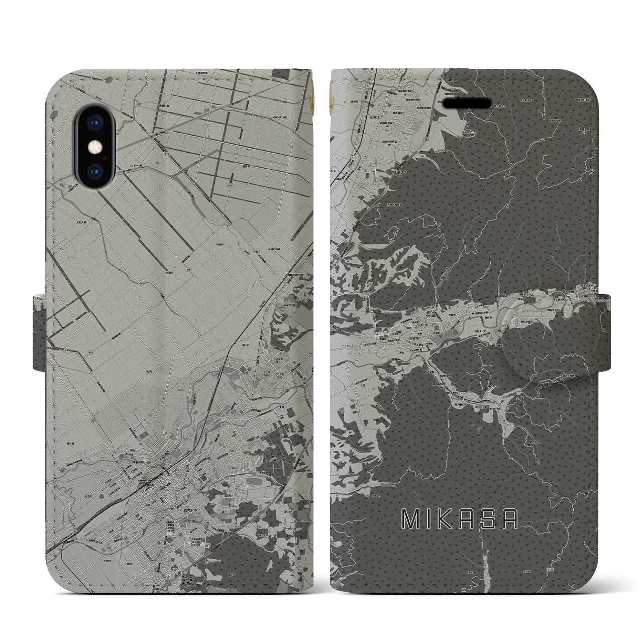 【三笠(北海道)】地図柄iPhoneケース(手帳タイプ)モノトーン・iPhone XS / X 用