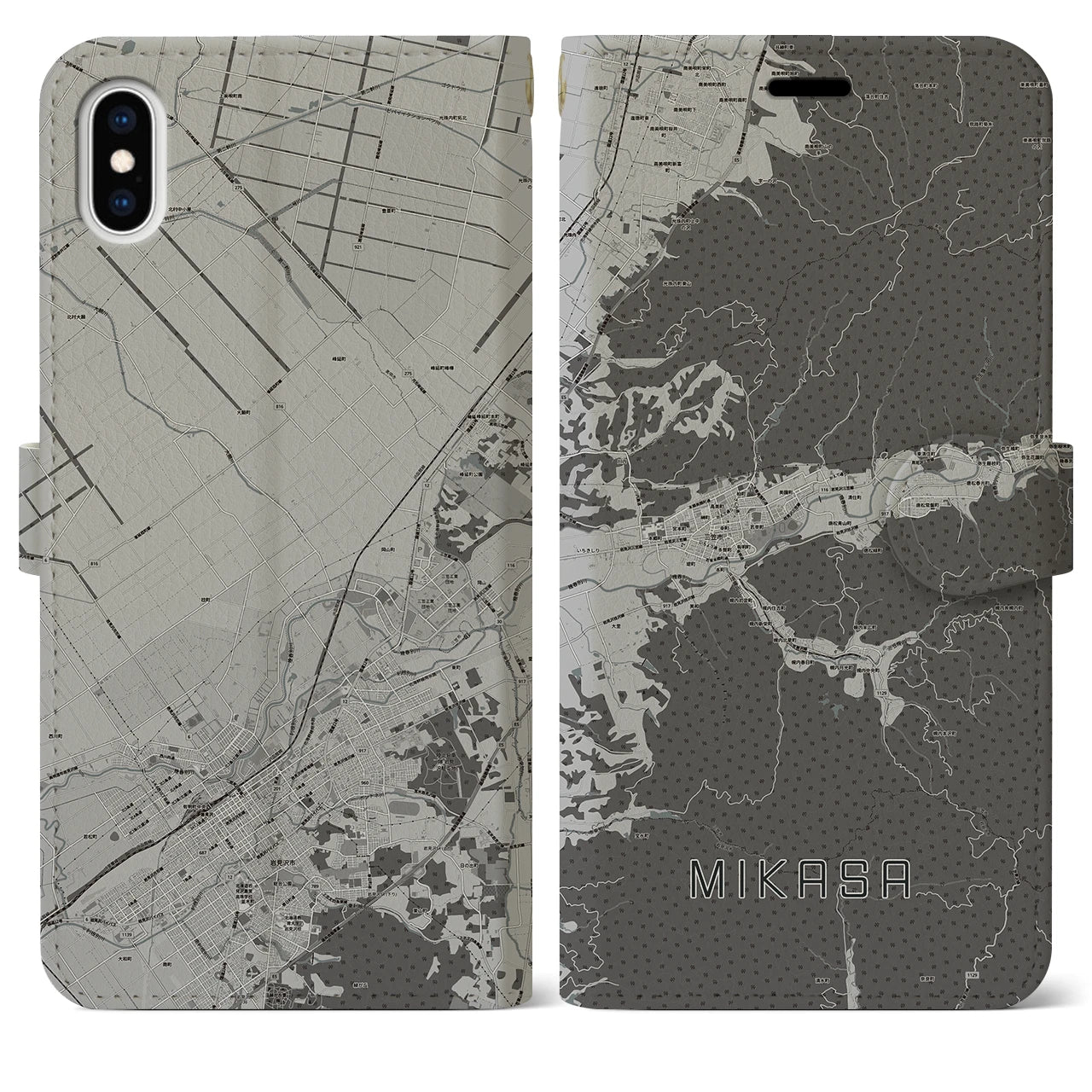 【三笠(北海道)】地図柄iPhoneケース(手帳タイプ)モノトーン・iPhone XS Max 用