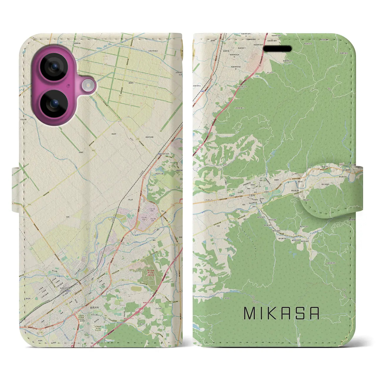 【三笠(北海道)】地図柄iPhoneケース(手帳タイプ)ナチュラル・iPhone 16 Pro 用